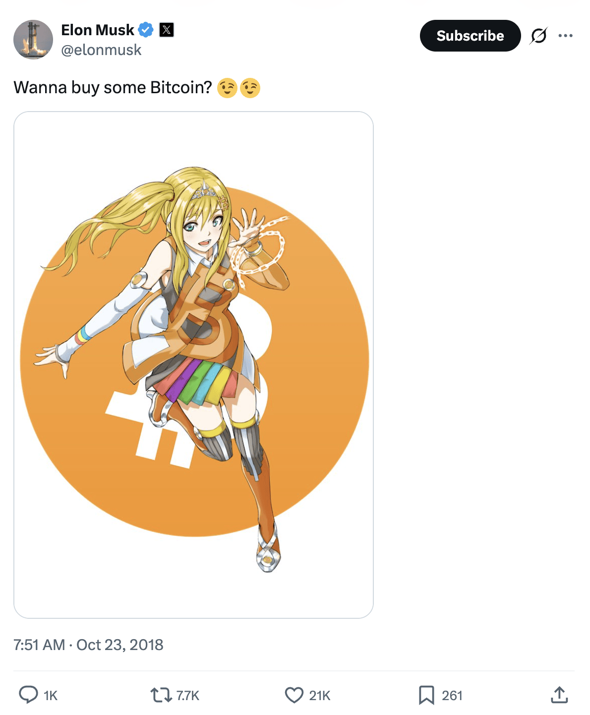Screenshot of Elon Musk post: Wanna buy some Bitcoin?